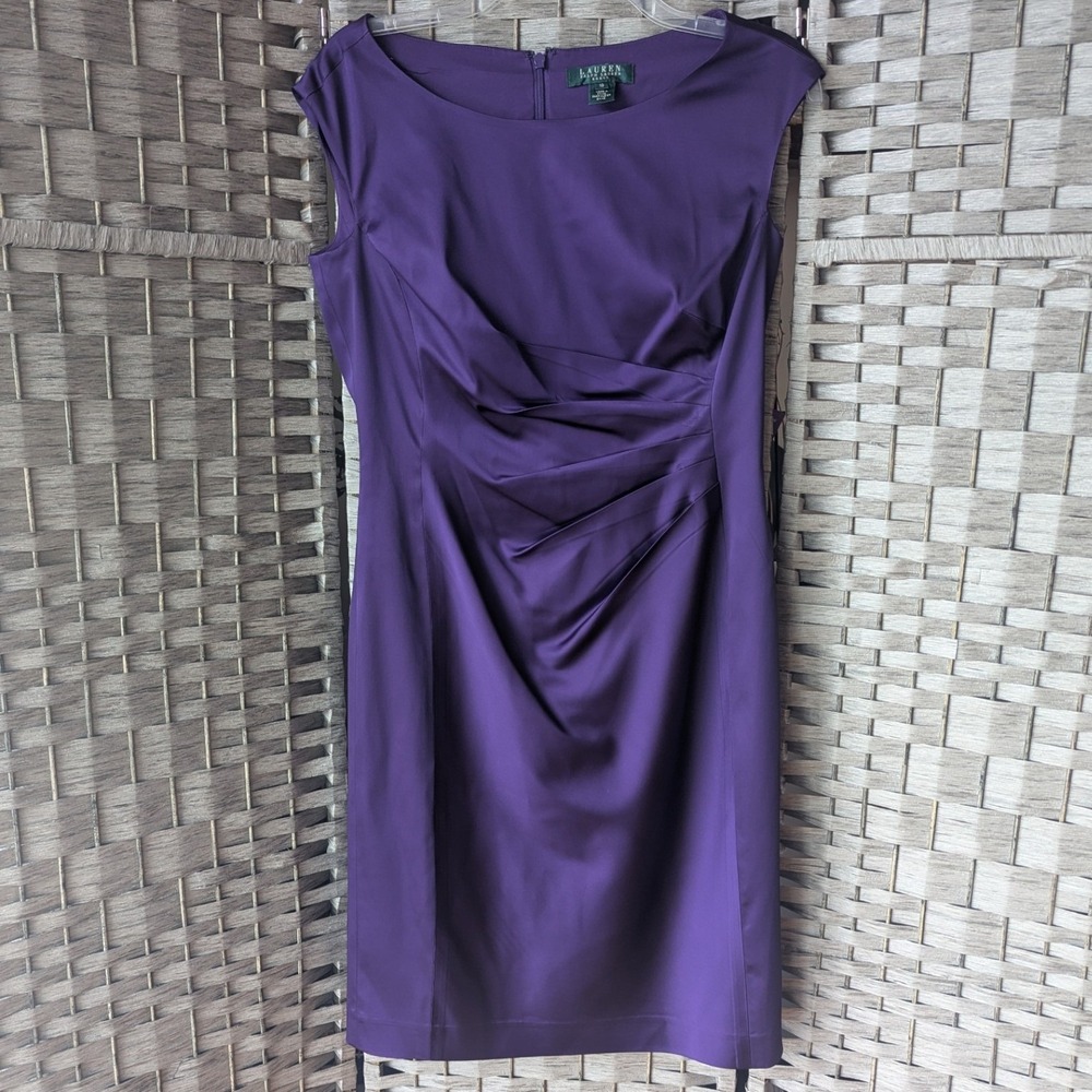 Lauren Ralph Lauren Sheath Dress Purple Ruched Sleeveless Sz 10 Timeless Chic